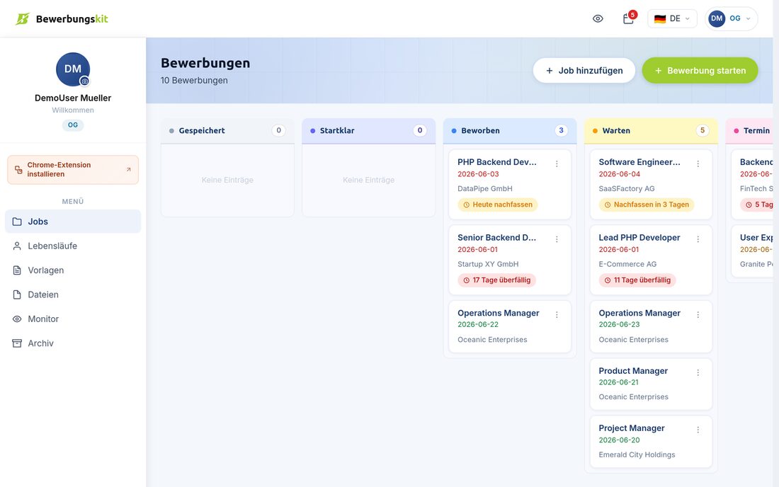 Bewerbungskit application tracker board