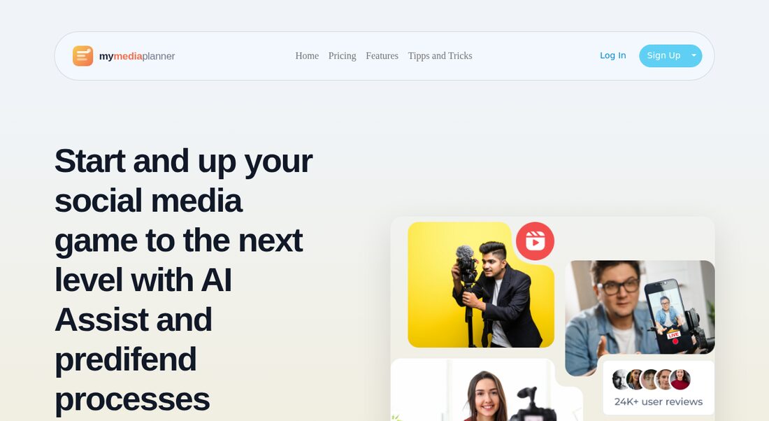 MyMediaPlanner landing page with AI social media assistant